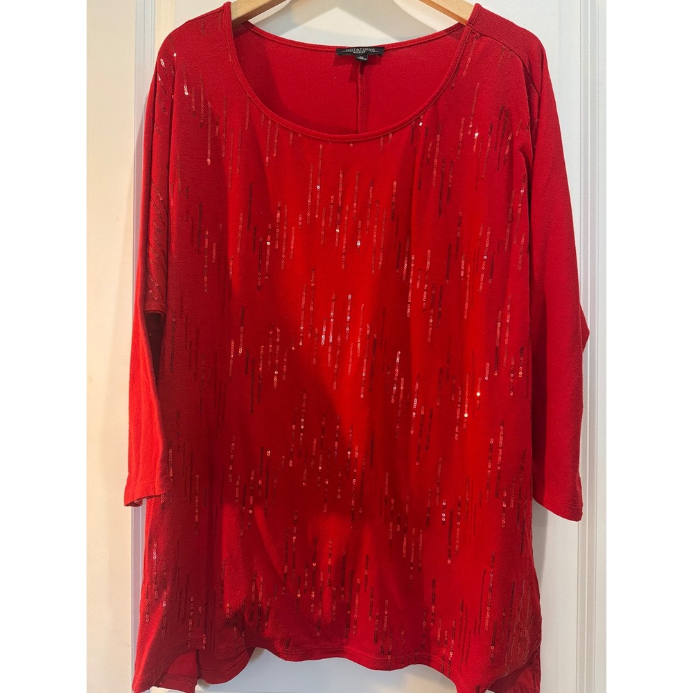 Notations Woman Red Sequin Stripe Tunic Top 2X Holiday 3/4 Sleeve WNKU1496